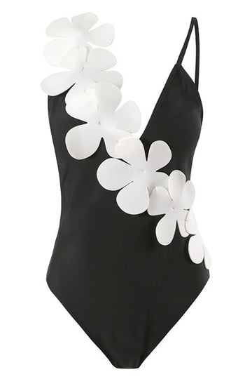 Svart Vit One Piece V Neck Beach Badkläder med 3D Blommor